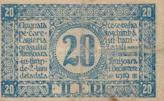 Temesvár 1919. december 1. 20f román nyelvű városi szükségpénz T:III-
Adamo TEM-2.2