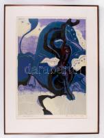 Czinke Ferenc (1926 - 2000): A felszabaduláskor. Színezett litográfia, jelzett, üvegezett keretben, apró szakadásokkal, 70×50