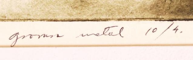 Plugor Sándor (1940-1999): Szabadság-szerelem. Fémkarc 10/4, papír, jelzett, fóliában, 30×28 cm