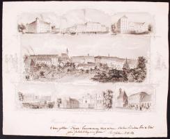 cca 1840 Reschka: Mosonmagyaróvár híres épületei. Cukorgyár, gyümölcspiac, látkép acélmetszet / etching 29x24 cm