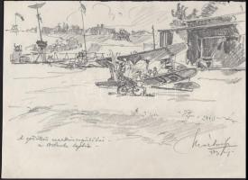 Márton Ferenc (1884-1940): 1933 Jaboree: A gödöllői cserkész repülőtér, cserkészekkel. Ceruza, papír, jelzett, 20×28 cm