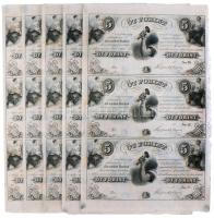 1852. 5Ft "Kossuth bankó" kitöltetlen D,E,F 3-as ívben (5x), nyomdai ujjlenyomatokkal és apróbb penészfoltokkal T:I-,II Hungary 1852. 5 Forint blokk of 3 (D,E,F) (5x) without date and serial number, with black fingerprints! C:AU,XF Adamo G124e.