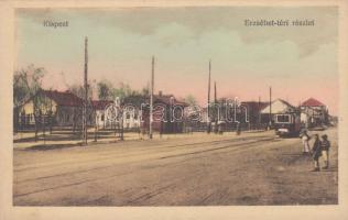 Budapest XIX. Kispest, Erzsébet tér, villamos; kiadja Thienschmiedt E. Hungária könyv- és papírkereskedése