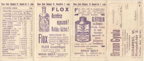 Braun Gyula festék, kence, lakk, vegyészeti, háztartási és pipere kereskedésének reklámja, 4 kétoldalas folding card / advertisement of Gyula Braun's shop, folding card