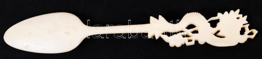 Sárkány nyeles csont kanál, faragott, jó állapotban, h:14 cm