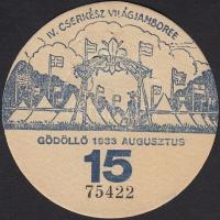 1933 IV. Cserkész Világjamboree Gödöllő, utazási kedvezményre jogosító kitűző a 15. napra /
Scout Wo...