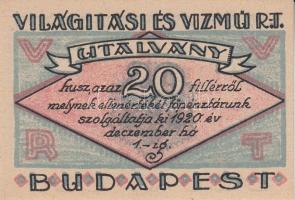 Budapest 1920. Világítási és Vízmű Rt. értékjegy 20f, 50f, 1K, 2K, 5K, 10K T:I