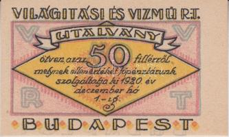 Budapest 1920. "Világítási és Vízmű Rt." értékjegy 20f, 50f, 1K, 2K, 5K, 10K T:I
