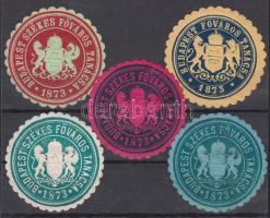 1873 Budapest Székesfőváros Tanácsa feliratú pecsétbélyegek, 5 db.