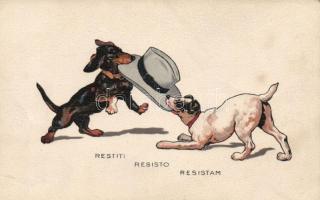 Dogs, humour 'restiti, resisto, resistam' litho