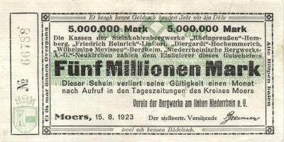 Német Birodalom/Weimari Köztársaság/Moers 1923. 5.000.000M T:III Germany/Weimar Republic/Moers 1923. 5.000.000 Mark C:F