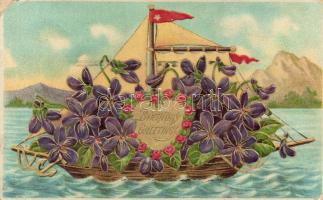 Birthday greeting, ship, Emb. litho (EK)