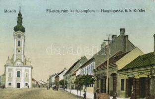 Moson, Fő utca, Katolikus templom, Stern kereskedése; Fischer Ignátz kiadása (EB)