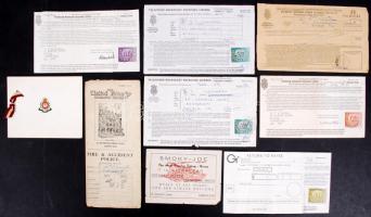 Vegyes tétel benne 6 angol TV-engedély okmánybélyegekkel, angol biztosítási kötvény, gibraltári étterem-reklám stb.