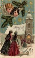 Christmas, church, angels, Emb. litho (EK)