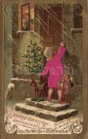 Christmas, Emb. litho, floral, silk card (EB)