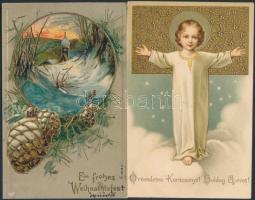 12 db régi, dombornyomott karácsonyi üdvözlőlap, közte több litho / 12 old embossed greeting cards, Christmas, including some litho