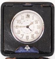 Germania mechanikus 8 napos ébresztőóra, bőr tokban / Germania mechanic alarm clock 8 days 11x11 cm