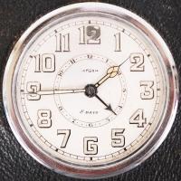 Germania mechanikus 8 napos ébresztőóra, bőr tokban / Germania mechanic alarm clock 8 days 11x11 cm