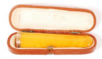 cca 1930 Borostyán szipka 14K arany (Au) peremmel, bőr tokban / Amber holder with 15 Ca gold edge in leather box