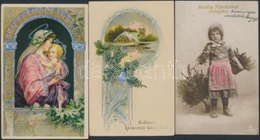 16 db régi karácsonyi üdvözlőlap, közte néhány litho / 16 old greeting cards, Christmas, including some litho