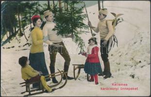 16 db régi karácsonyi üdvözlőlap, közte néhány litho / 16 old greeting cards, Christmas, including s...