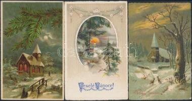 14 db régi, csehszlovák karácsonyi üdvözlőlap, benne néhány litho / 14 Czechoslovak Christmas greeting cards, some litho cards