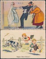12 db régi humoros motívum lap, néhány litho és Kaszás Jámbor képeslap / 12 old motive cards, humour...