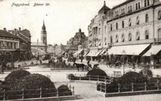 Nagyvárad, Bémer tér, Fischer és Lőrincz Mór üzletei / square, church, shops