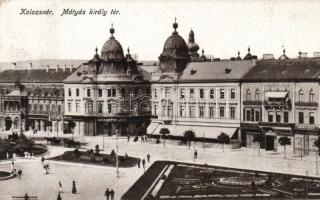 Kolozsvár, Mátyás király tér, Haraszthy Jenő üzlete, Erdélyi Bank / square, shop, bank (EK)