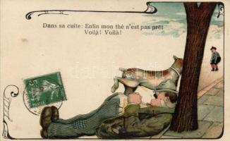 'Dans sa cuite: Enfin mon thé n'est pas pret Voila! Voila!' / French humourous postcard, drunk man, pissing dog, Art Nouveau litho, Francia humor, részeg ember, pisilő kutya, Art Nouveau litho