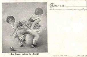 'La force prime le droit' French humourous postcard (cut), Francia humoros képeslap (vágott)
