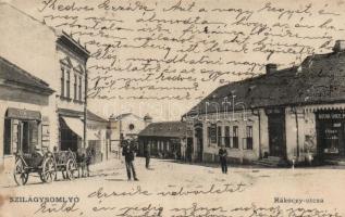 Szilágysomlyó Rákóczi utca, zsinagóga, Lőwy Benjamin, Ruszka Ignác és Dull Albert üzlete, italmérés / street, synagogue, shops, pub (EB)