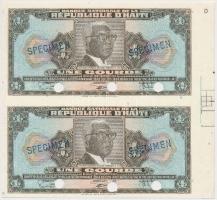Haiti 1919. (10. kiadás) 1G "Dr. Francois Duvalier" egybefüggő kettes ívben, jobb oldali ívszéllel és illesztőkeresztekkel illetve kék "SPECIMEN" felülnyomásokkal, hármaslyukasztásokkal érvénytelenítve T:I Haiti 1919. (Tenth Issue) 1 Gourde "President Dr. Francois Duvalier" margin pair with assembly crosses and blue "SPECIMEN" overprints + Cancellation perforations! C:UNC KRAUSE 200.