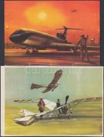 12 db modern, használatlan, repülőgépeket ábrázoló motívumlap, a Malév sorozata, pinx. Bánfalvy Ákos...