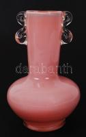 Halvány rózsaszín üveg váza, hajlított rátét díszítéssel, hibátlan, m: 17 cm.