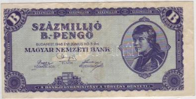 1946. 100.000.000B.-pengő, balra csúszott nyomással T:II/II-