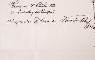 1912 Díszes k.u.k. hadnagyi kinevezés Krobatin honvédelmi miniszter aláírásával / Decorative lutenan...