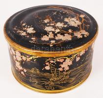 Fém díszdoboz virágmintával kopottas állapotban, m: 9 cm, d: 17 cm