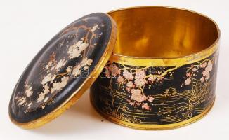 Fém díszdoboz virágmintával kopottas állapotban, m: 9 cm, d: 17 cm