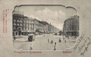Budapest VI. Oktogon; Prindl Nándor üzlete, Abbazia kávézó, villamos, Divald (fl)