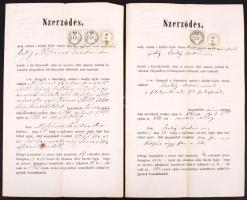 1862 Győr, Szerződések Győr város részéről földterület bérbeadásáról illetékbélyegekkel (2 db).
