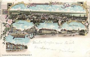 Nezsider, Neusiedl am See; K.u.k. cavalry barracks, suburb, main street, floral litho (EB)