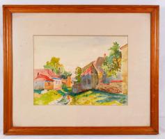 Szemenyey Ferenc (1894-1990): Falusi utcakép patakkal. Akvarell, papír, jelzés nélkül, üvegezett keretben, 33×47 cm