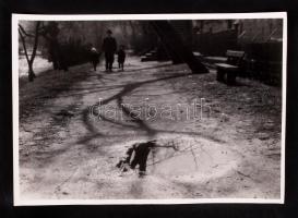 1930-1935 Kinszki Imre (1901-1945): Séta a parkban. Vintage fotó, hátoldalán szerzői pecséttel jelzett (bal alsó sarkánál törésnyom) /  Imre Kinszki (1901-1945): A Stroll in the Park. With artist's stamp on back, 11x16cm (break on bottom left corner)