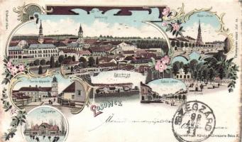 1898 Losonc Gácsi utca, Tanítóképezde, kaszárnya, jégpálya, / street,  teacher training school, barrack, rink, floral, litho (cut)