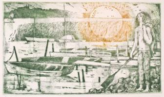 Túry Mária (1930-1992): Balaton. Színezett rézkarc, papír, jelzett, 19×33 cm