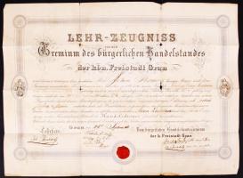 1861 A kőszegi kereskedőcéh oklevele kereskedősegéd részére. Szakadásokkal /  1861 Warrant of the guild of commerce of Gran 56x41 cm
