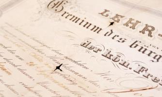 1861 A kőszegi kereskedőcéh oklevele kereskedősegéd részére. Szakadásokkal / 
1861 Warrant of the gu...