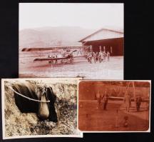 cca 1916 3 db első világháborús fotó, közte repülőgép indítása / cca 1916 World War I. 3 photos, one with plane. 12x16 cm